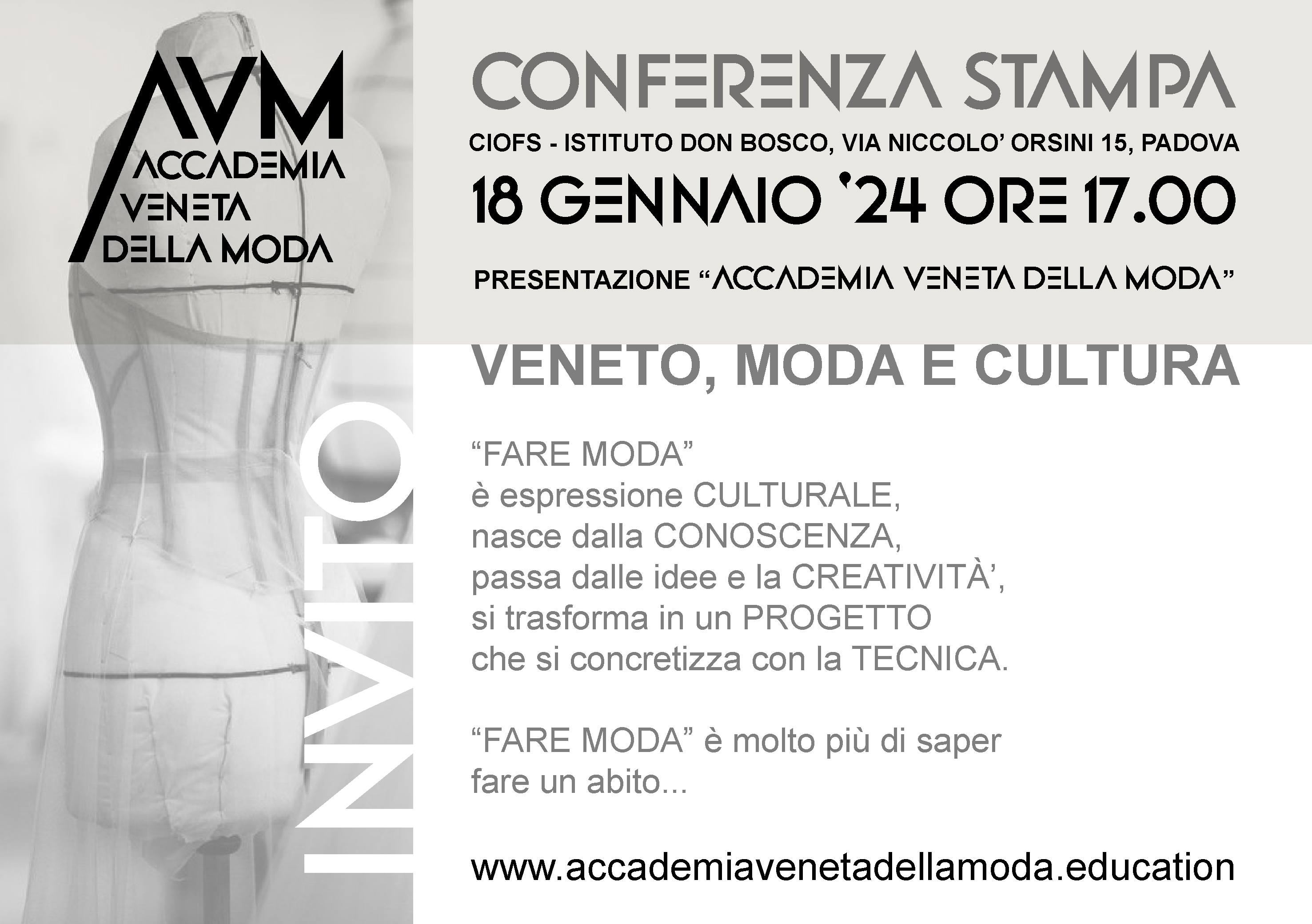 Invito alla conferenza stampa del 18 gennaio 2024 dell’Accademia Veneta della Moda, con il logo AVM e la fotografia di un abito su manichino.