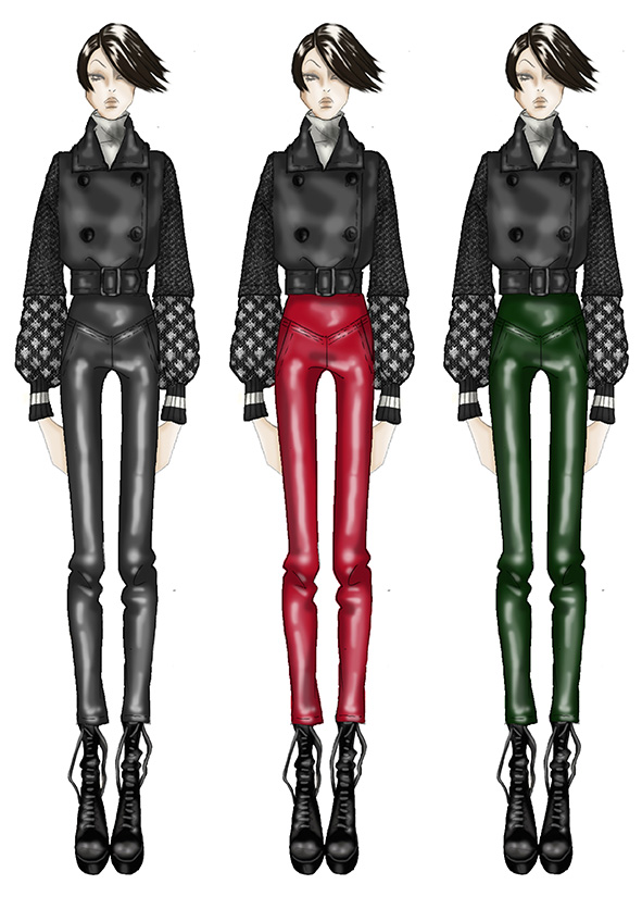 Tre figurini con giacca corta nera dalle maniche lavorate e pantaloni aderenti in pelle nera, rossa e verde. Progetto «Revolution», autunno-inverno 2023.