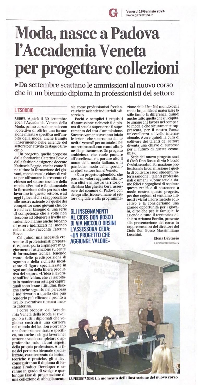Pagina de Il Gazzettino del 19 gennaio 2024 con il titolo «Moda, nasce a Padova l’Accademia Veneta per progettare collezioni» e la foto della conferenza stampa.